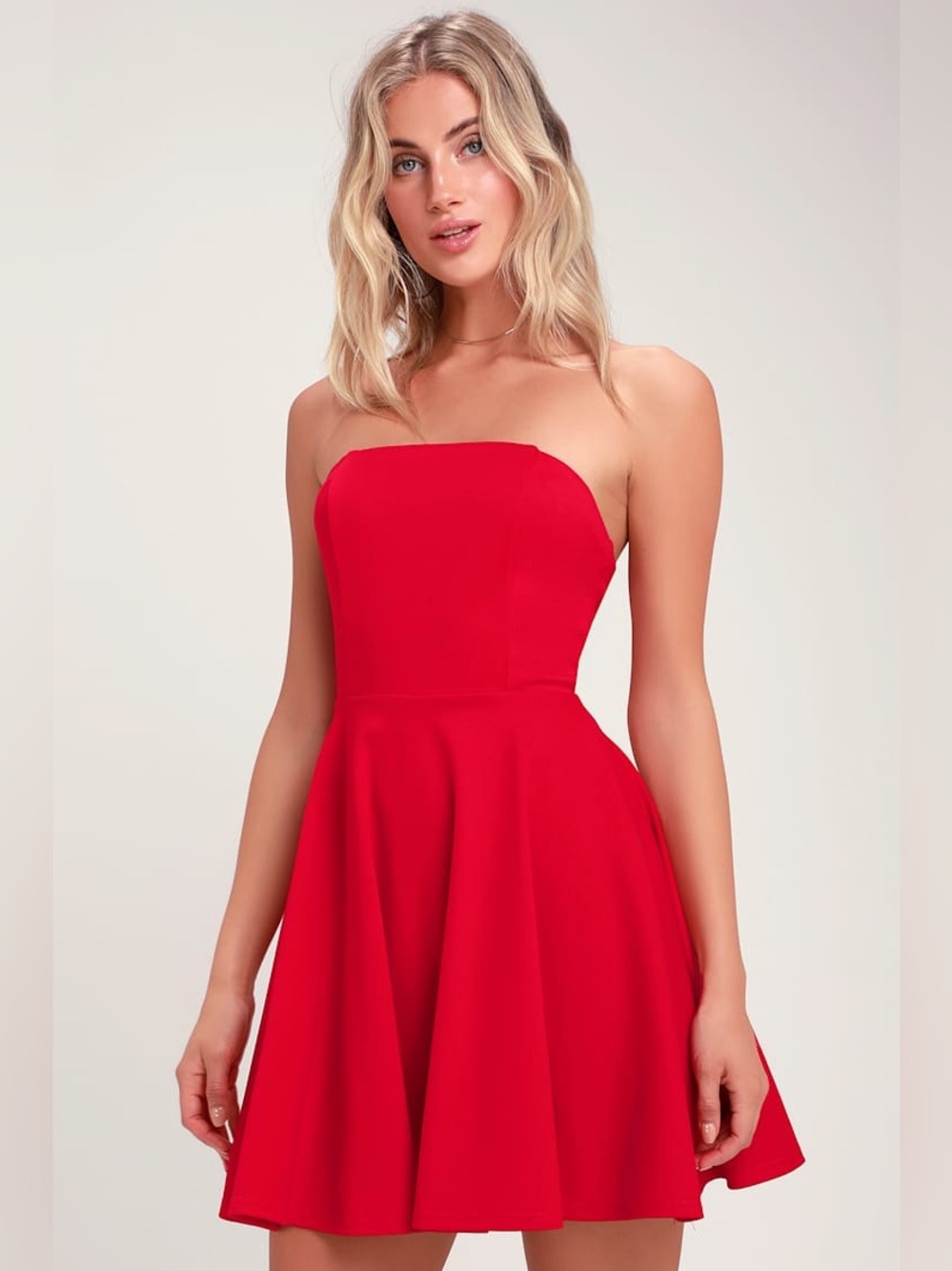 Lulus About A Twirl Skater Dress Bright Red Small Med Strapless Date Night NWT